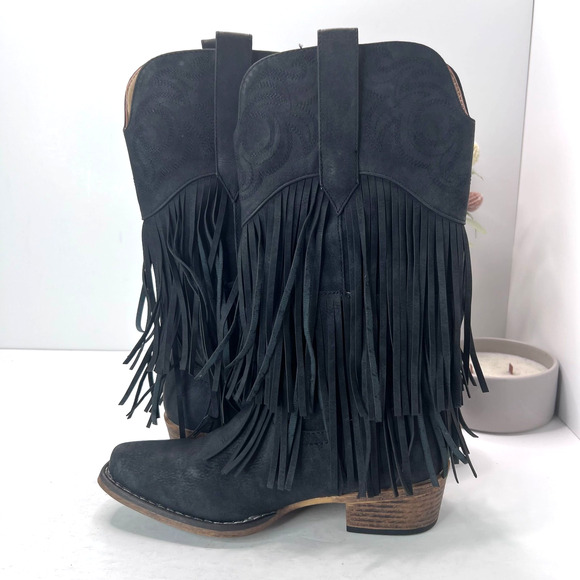 Roper Smooth Fringe Western Cowboy Boots Faux Leather Black Women's 5.5 NWOB - Picture 5 of 9